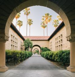 Stanford Campus classrooms, as viewed through a classic campus arch